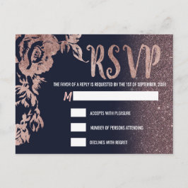 Cartão Postal De Convite RSVP Floral de Rosa Azul Dourado Glitter