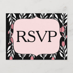 Cartão Postal De Convite RSVP Floral Rosa Branco e Preto