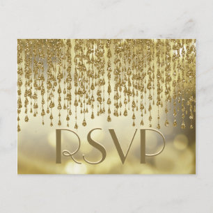 Cartão Postal De Convite RSVP   Fluxos Confetti Dourados com Fundo Bokeh