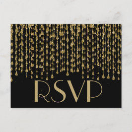 Cartão Postal De Convite RSVP | Fluxos de Confetti Dourados com Fundo Preto
