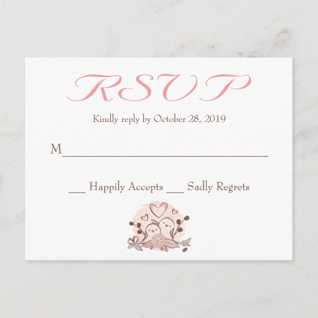 Cartão Postal De Convite RSVP Lovebird Pink And Brown Response Card (Frente)