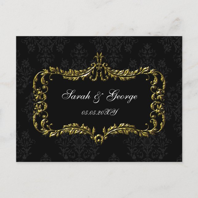 Cartão Postal De Convite rsvp negro e damasco dourado floral (Frente)