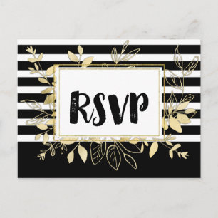 Cartão Postal De Convite RSVP para Casamento com Glamour Botânico Ouro Negr