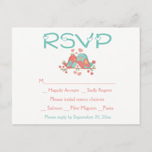 Cartão Postal De Convite RSVP Pombinhos Rosa Azul Verde Turquesa Casamento