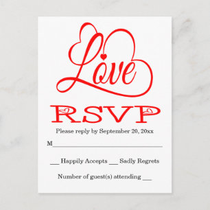 Cartão Postal De Convite RSVP Vermelho e Branco Corações de Amor Casamento