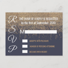 Cartão Postal De Convite RSVPs Azul do Marinho Glitter Sparkles Dourados