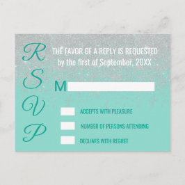 Cartão Postal De Convite RSVPs de Teal Glitter Brancos