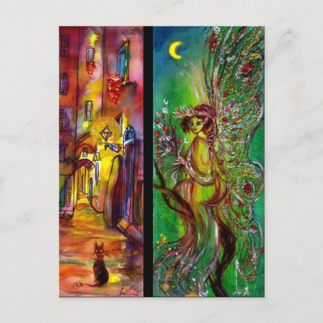 Cartão Postal De Convite Rua à noite e Fada Verde (Frente)