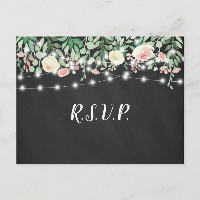 Cartão Postal De Convite Russo Chalkboard Blush Floral Lights casamento rsv (Frente)