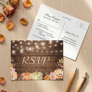 Cartão Postal De Convite Rustic Autumn Floral String Lights Weding RSVP