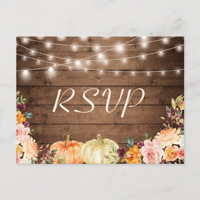 Cartão Postal De Convite Rustic Autumn Floral String Lights Weding RSVP (Frente)