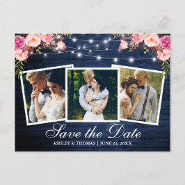 Cartão Postal De Convite Rustic Blue Wood Floral 3 Foto Salvar Data