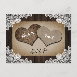 Cartão Postal De Convite Rustic Burlap Hearts RSVP Postcard Meal Choice