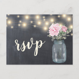 Cartão Postal De Convite Rustic Chalkboard Peony Floral Mason Jar | RSVP