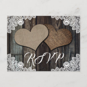 Cartão Postal De Convite Rustic Country Wood Lace Burlap Heart Wedt RSVP