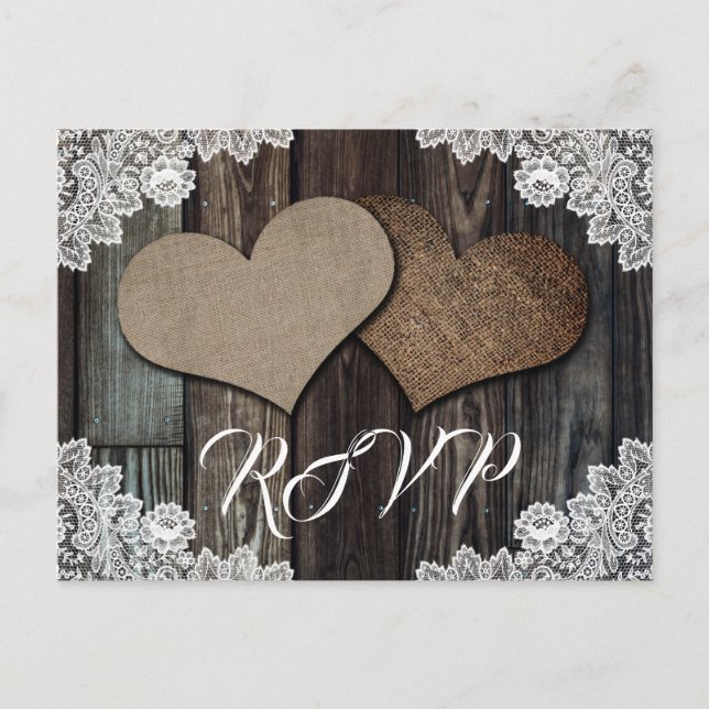 Cartão Postal De Convite Rustic Country Wood Lace Burlap Heart Wedt RSVP (Frente)