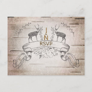 Cartão Postal De Convite Rustic Deer & Branches Birch Wedch RSVP
