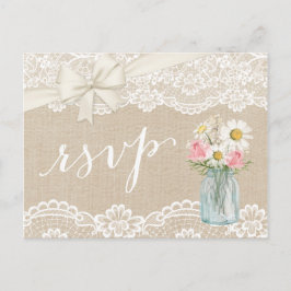 Cartão Postal De Convite Rustic Ivory Burlap Lace Floral Mason Jar RSVP