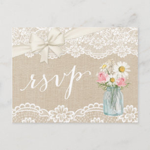 Cartão Postal De Convite Rustic Ivory Burlap Lace Floral Mason Jar RSVP