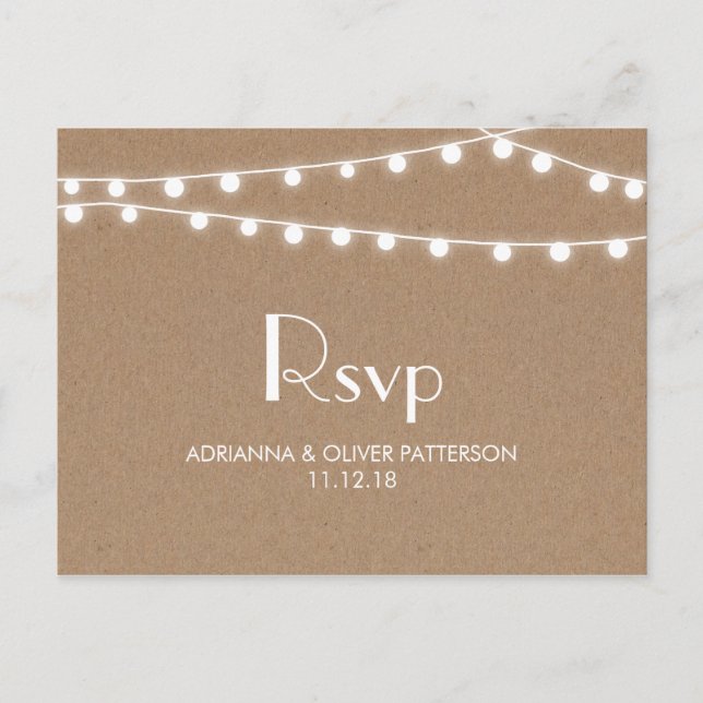 Cartão Postal De Convite Rustic Kraft Paper String Lights Weding RSVP (Frente)