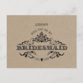 Cartão Postal De Convite Rustic Kraft Vintage Frame Be My Bridesmaid Card