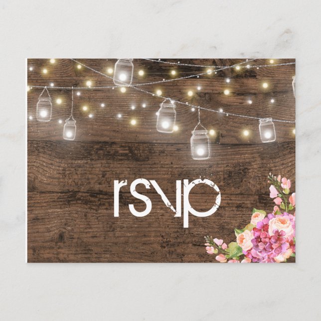 Cartão Postal De Convite Rustic Lights Floral Reception Janto RSVP Entree (Frente)