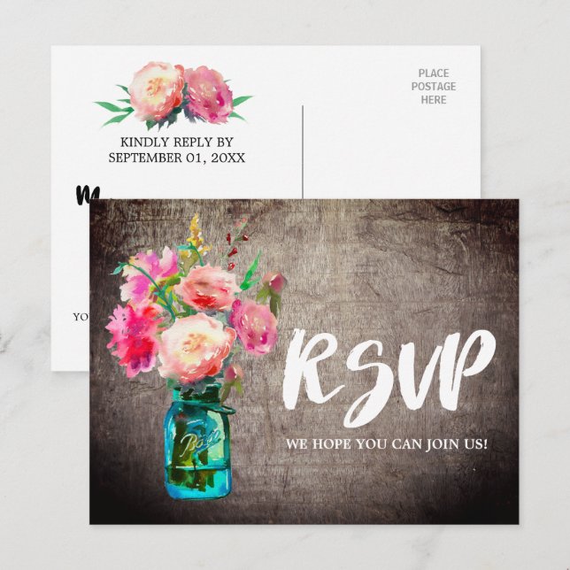 Cartão Postal De Convite Rustic Mason Jar com Flowers - Solicitação de Músi (Frente/Verso)