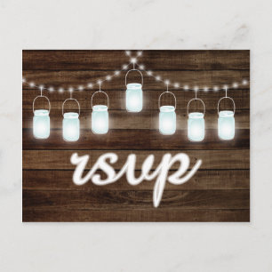 Cartão Postal De Convite Rustic Mason Jars String Lights RSVP