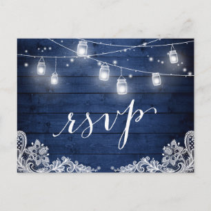 Cartão Postal De Convite Rustic Midnight Blue Mason Jar Lights RSVP de Casa