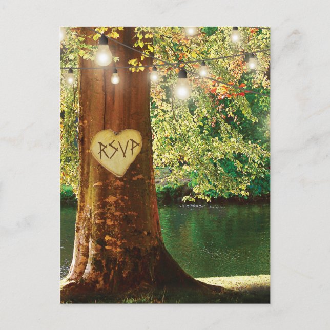 Cartão Postal De Convite Rustic Mountain Lake Twinkle Lights Casamento RSVP (Frente)