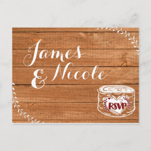 Cartão Postal De Convite Rustic Oak Wood & Heart Stump Photo Wedding RSVP