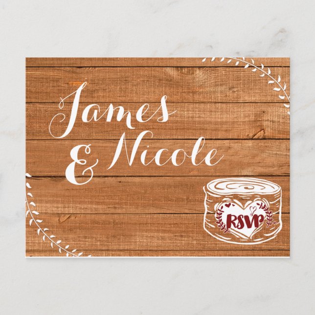 Cartão Postal De Convite Rustic Oak Wood & Heart Stump Photo Wedding RSVP (Frente)