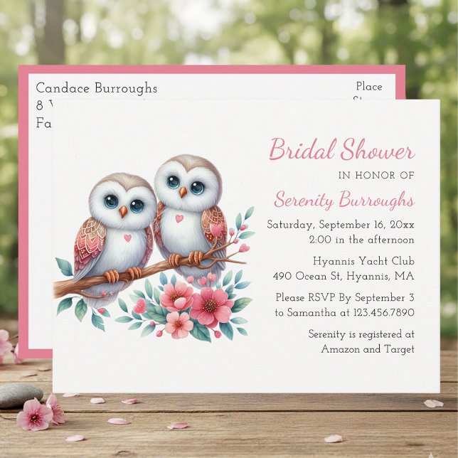 Cartão Postal De Convite Rustic Owl Couple Boho Country Bridal Shower (Criador carregado)