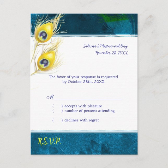 Cartão Postal De Convite Rustic Peacock Blue Wedding RSVP (Frente)