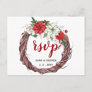 Cartão Postal De Convite Rustic Poinsettia Winter Foliage Pine cone rsvp