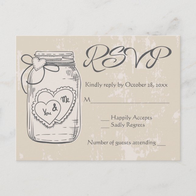 Cartão Postal De Convite Rustic RSVP Mason Jar Hearts Brown Tan Wedding (Frente)