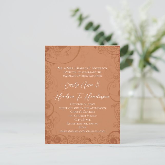 Cartão Postal De Convite Rustic Swirl Terracotta Wedding (Em pé/Frente)