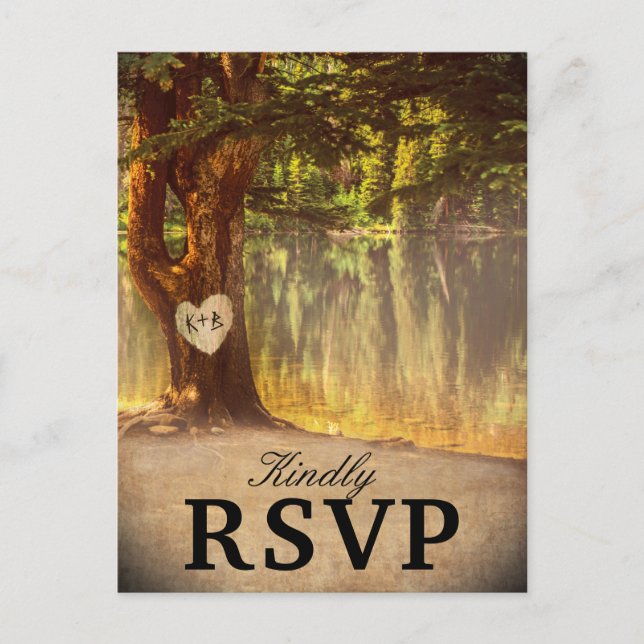 Cartão Postal De Convite Rustic Tree Lake Wedding RSVP (Frente)