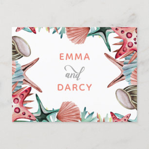 Cartão Postal De Convite Rustic Watercolor Seashells Starfish Casamento de