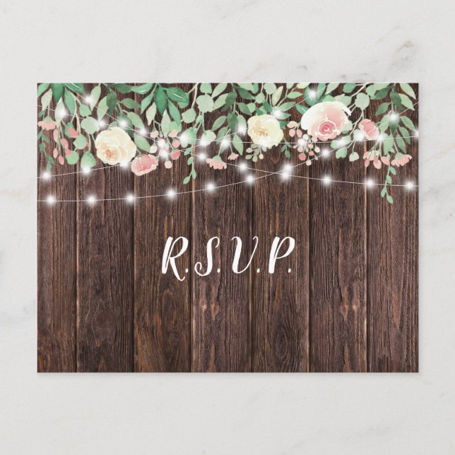 Cartão Postal De Convite Rustic Wood Blush Floral Lights casamento rsvp (Frente)