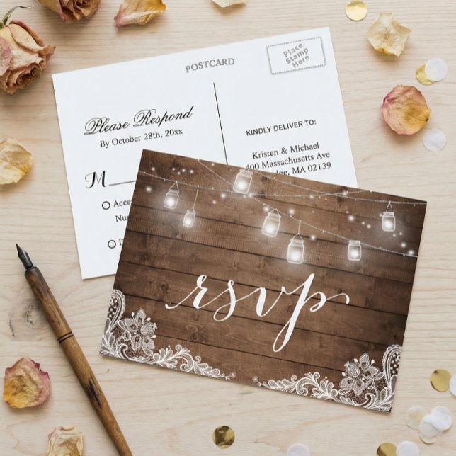 Cartão Postal De Convite Rustic Wood Mason Jar Lights Lace Casamento RSVP (Criador carregado)