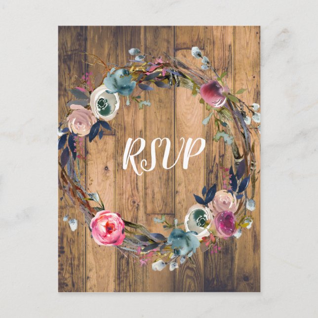 Cartão Postal De Convite Rustic Wood Stick Floral Wreath Modern RSVP (Frente)