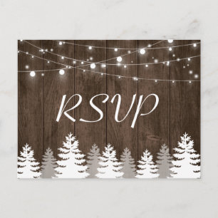 Cartão Postal De Convite Rustic Wood String Lights Pine Trees Casamento RSV
