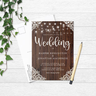 Cartão Postal De Convite Rustic Wood String Luzes Lace Casamento