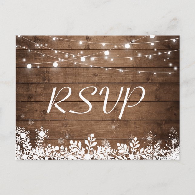 Cartão Postal De Convite Rustic Wood String Luzes Snowflakes Casamento RSVP (Frente)