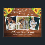 Cartão Postal De Convite Rústica Madeira Girassol Floral 3 Foto Salvar Data<br><div class="desc">Madeira russa e luzes de cordas 3 Foto Salvar O cartão postal de anúncio de Noivado de data inclui Watercolor Floral e Verde</div>