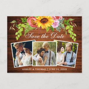 Cartão Postal De Convite Rústica Madeira Girassol Salvar Foto de Data