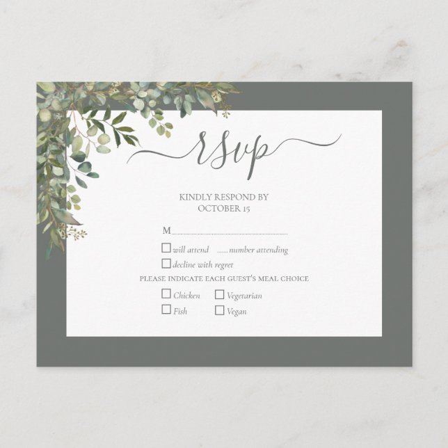 Cartão Postal De Convite Sage Green Eucalyptus Script Wedding RSVP (Frente)