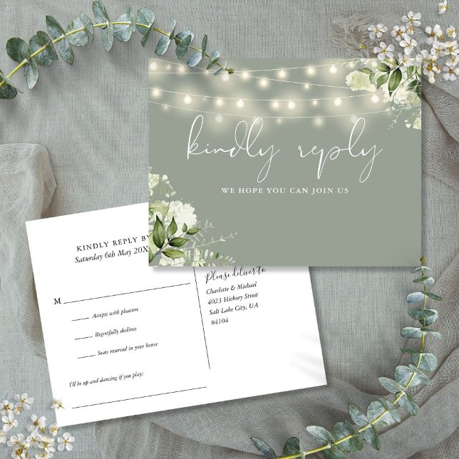 Cartão Postal De Convite Sage Green Floral String Lights Song Request RSVP (Sage Green Floral String Lights Song Request RSVP Invitation Postcard)