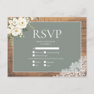 Cartão Postal De Convite Sage Green White Floral Lace Wood Weding RSVP
